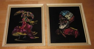 Vintage 60er Jahre Samt & gemalte Bilder gerahmt Soldat & tanzende Frau Gemälde - Bild 1 von 5