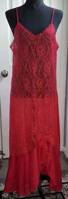 Vintage UNDERCOVER WEAR Nylon Red Lace Maxi Night Gown Slip Dress USA Stunner - Image 1 of 4