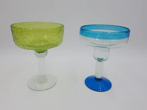 2 Mexican Hand Blown Margarita Glass Hand Blown 2 Different Colors Excellent - Picture 1 of 3