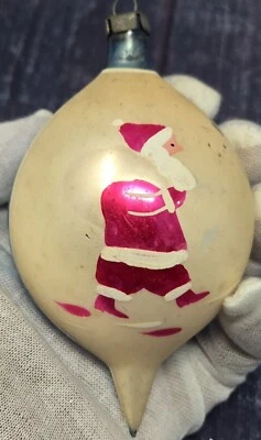 Vintage Glass Pictured Red SANTA Blue Teardrop Large Christmas Ornament Poland - Image 1 of 4