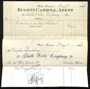 1903 Butte Water Company Billhead Butte, MT Eugene Carroll - "Naplin ? Building" - Picture 1 of 2