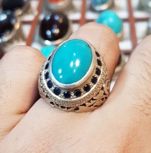 Natural Hussaini Turquoise Nishabpuri Feroza Silver Ring Jaali Frame Ring - Picture 1 of 3