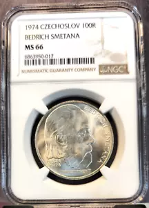 1974 CZECHOSLOVAKIA SILVER 100 KORUN BEDRICH SMETANA NGC MS 66 RARE TOP POP - Picture 1 of 3