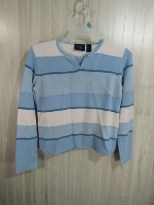 Crazy Horse Top Size L Petite Blue White Striped Pull Over V Neck Long Sleeve  - Image 1 of 3