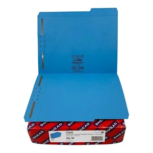 50 Smead Blue Fastener Folders Letter Size WaterShed CutLess 1/3 Cut Tabs - Picture 1 of 8