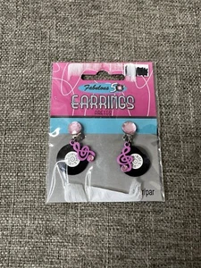 Fabulous 50s Earrings Pink Black Rock N Roll Record Music Note Clip On Dress Up - Picture 1 of 2