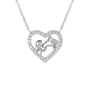 925 Placcato Argento Ragazza Cavallo Ciondolo Collana Lucente Unicorno Cuore Mom - Foto 1 di 7