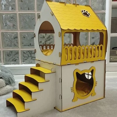 JUNGENGEL Katzenzelt XL aus Holz 65x70x30 cm Gelb Katzenhaus Katzenhöhle robust Katzenbett