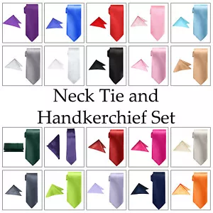 Mens Neck Tie & Pocket Square Hanky Matching Wedding Set 2pcs - Picture 1 of 129
