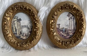 VTG 2 ITALIAN ORNATE Plastic FRAMED PICTURES WALL HANGING 5.5X4.5 Gold - Picture 1 of 9