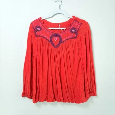 Top Campesino Free People Begonia Talla M Naranja Quemado Púrpura Bordado Boho Foto 1 de 4