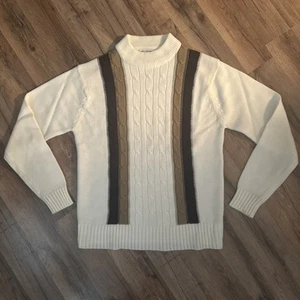 Vintage Burma Oleg Cassini M 60er-70er Mod weiß braun Streifen Zopfmuster Pullover - Bild 1 von 11