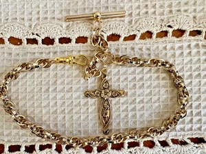 Hand Made Victorian Civil War Styled Gold Tone Watch Chain w/ Cross Fob - Picture 1 of 3