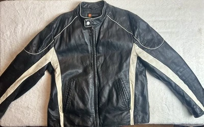 Leather Motorcycle Jacket Mens Black White Wilsons Striped Cafe Racing VTG Sz L - Image 1 of 4