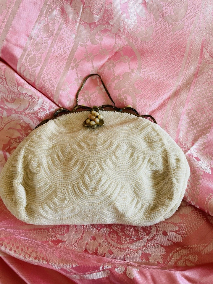 Early 1900s Hand Made In France Beaded Scalloped Frame Faux Pearl Tiny Purse - Image 1 of 4
