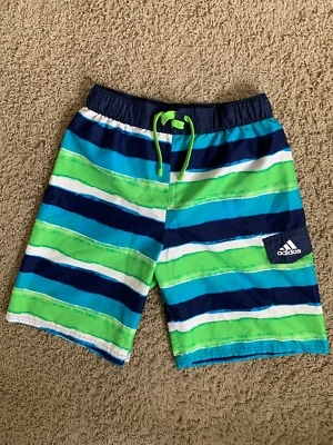 Adidas Green Blue Striped Drawstring Mesh Lined Swimsuit Youth XL Trunks - Image 1 of 3