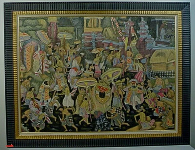 LARGE VINTAGE BALINESE ACRYLIC ON CANVAS HINDU STORYTELLER PAINTING - Image 1 of 4
