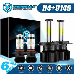 6-Sides H4 9003 HB2 LED Headlight High&Low+9145 H10 Fog Light Bulbs Combo 6500K - Picture 1 of 12