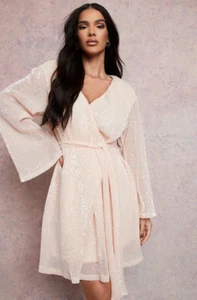 boohoo Sequin Flared Sleeve Belted Mini Dress Color: nude Size: 8 - Picture 1 of 4