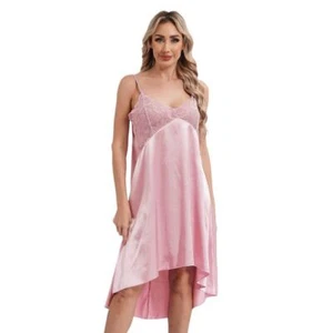 Iefiel Slip Dress Womens 3X Lingerie Nighgown High Low Satin Pink Sheer Lace - Picture 1 of 9