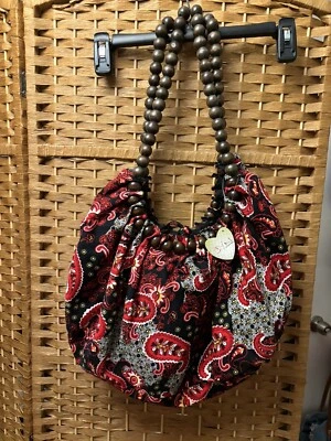 Hecho a mano Hobo Paisley Bandana Madera Cuentas Mango Boho Cartera Bolso de hombro Bolso de mano Foto 1 de 4