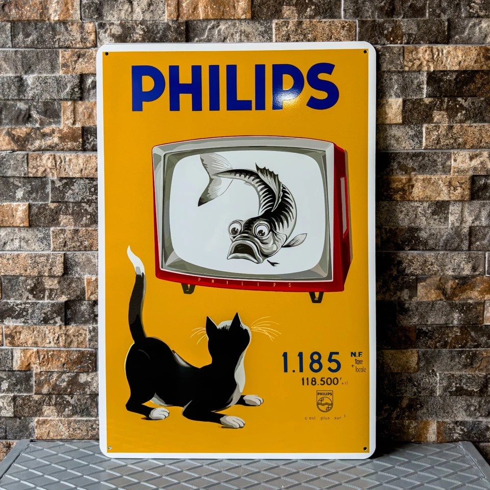 Vintage PHILIPS  French Cat & Fish Design Heavy Metal Sign – 24"x16"(60x40 cm) - Image 1 of 4