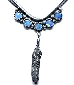 Vintage Navajo Sterling Silver Opal Feather Necklace Signed N - Picture 1 of 11