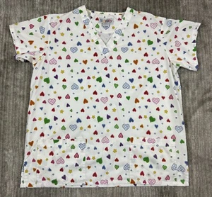 Stat Scrub Top Women Medium Hearts Stars Dots White - Picture 1 of 9