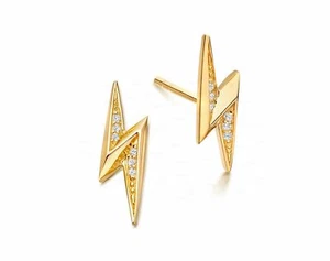 14K Gold 0.06 Ct. Genuine Diamond Lightning Bolt Studs Earrings Fine Jewelry - Picture 1 of 3