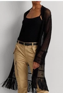 RALPH LAUREN XL Women's Pointelle Knit Linen Blend Cardigan $245 Fringe Black - Picture 1 of 15