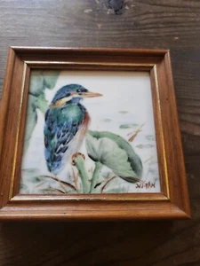 Nancy Gan Art Tile in Frame Kingfisher Bird Wildlife Decor 5x5" - Picture 1 of 7