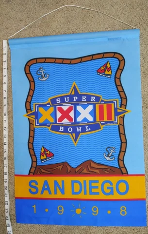 VTG 1998 San Diego NFL Super Bowl XXXII Cloth Banner Flag Wall Hanging 17"X25" A Cover