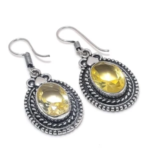 Lemon Quartz Gemstone Handmade 925 Sterling Silver Jewelry Earring Sz 1.50" - Picture 1 of 1