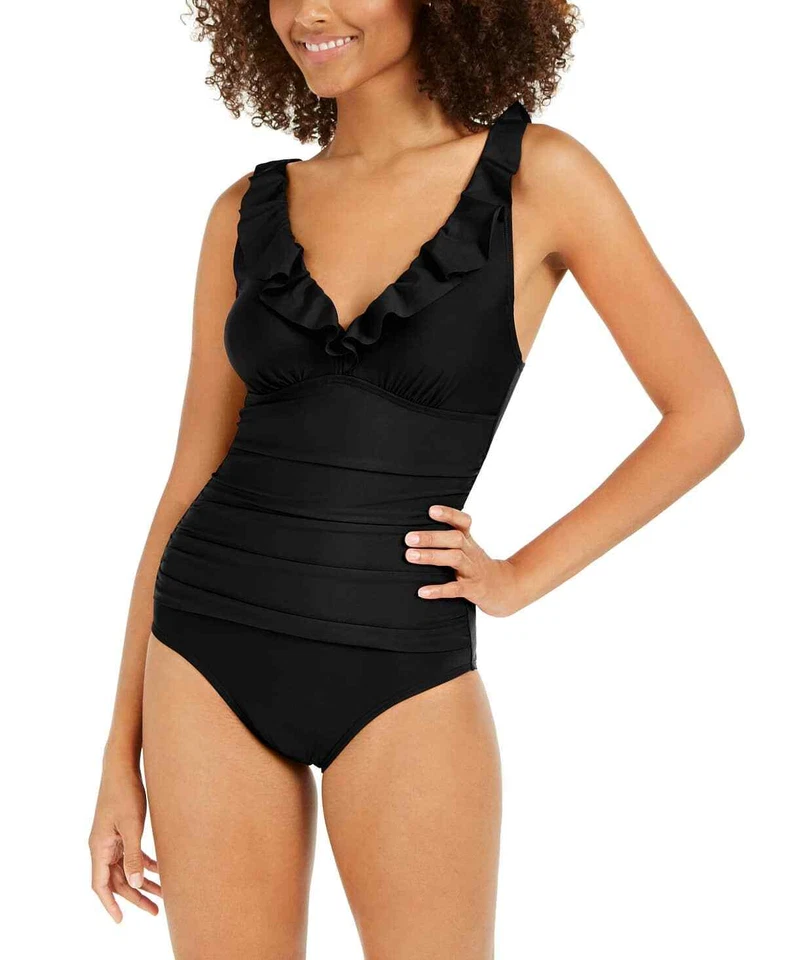 DKNY Women's Black Ruffle Plunge Underwire Tummy Control One-Piece Swimsuit -...