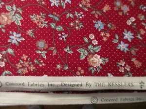 Older Vintage 1 Yard Cotton Fabric Floral & Dots on Dark Red Background Concord - Picture 1 of 6