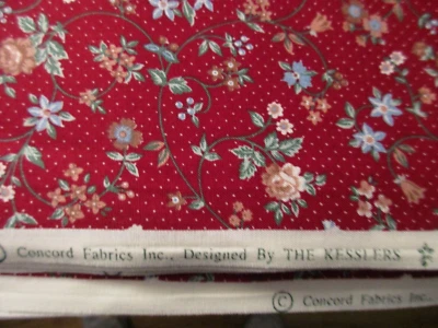Older Vintage 1 Yard Cotton Fabric Floral & Dots on Dark Red Background Concord - Image 1 of 4