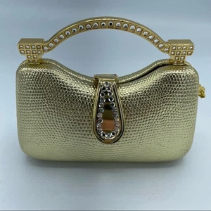 Goldene Mini Baby Umhängetasche Handtasche mit Strass Y2K Hartschale Kettenriemen - Bild 1 von 6