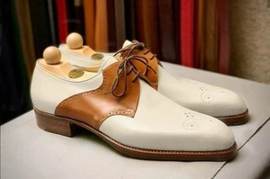 Herren Handgefertigt Braun & Weiß Leder Schuhe Schnürschuhe Oxford Formell Elegant Schuh - Bild 1 von 4