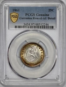 1861 Seated Liberty 25c Quarter PCGS AU Details Toned - Picture 1 of 5