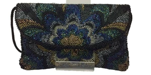 Next Women's Clutch Bag Small Blue Black Mix Beaded Strap Magnetic Lined Used F1 - Picture 1 of 9
