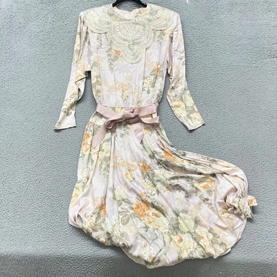 Vtg Donna Morgan Dress Womens 11/12 Pink Floral Midi Belted Lace 90's 80's Retro - Image 1 of 4