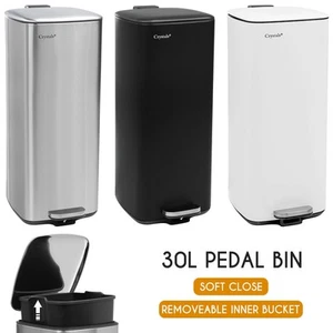 30L Square Stainless Steel Kitchen Bin, Pedal Bin with Soft-Close Lid Dustbin - Picture 1 of 30