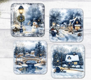 Weihnachten Untersetzer Snowy Village Scenery Blau Glänzend Getränke Tee Kaffee, 4er Set - Bild 1 von 2