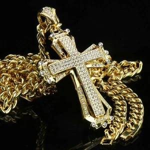 Hip Hop Gold Plated Large HOLLOW CROSS Pendant Cubic-Zirconia 30" Cuban Chain - Picture 1 of 8