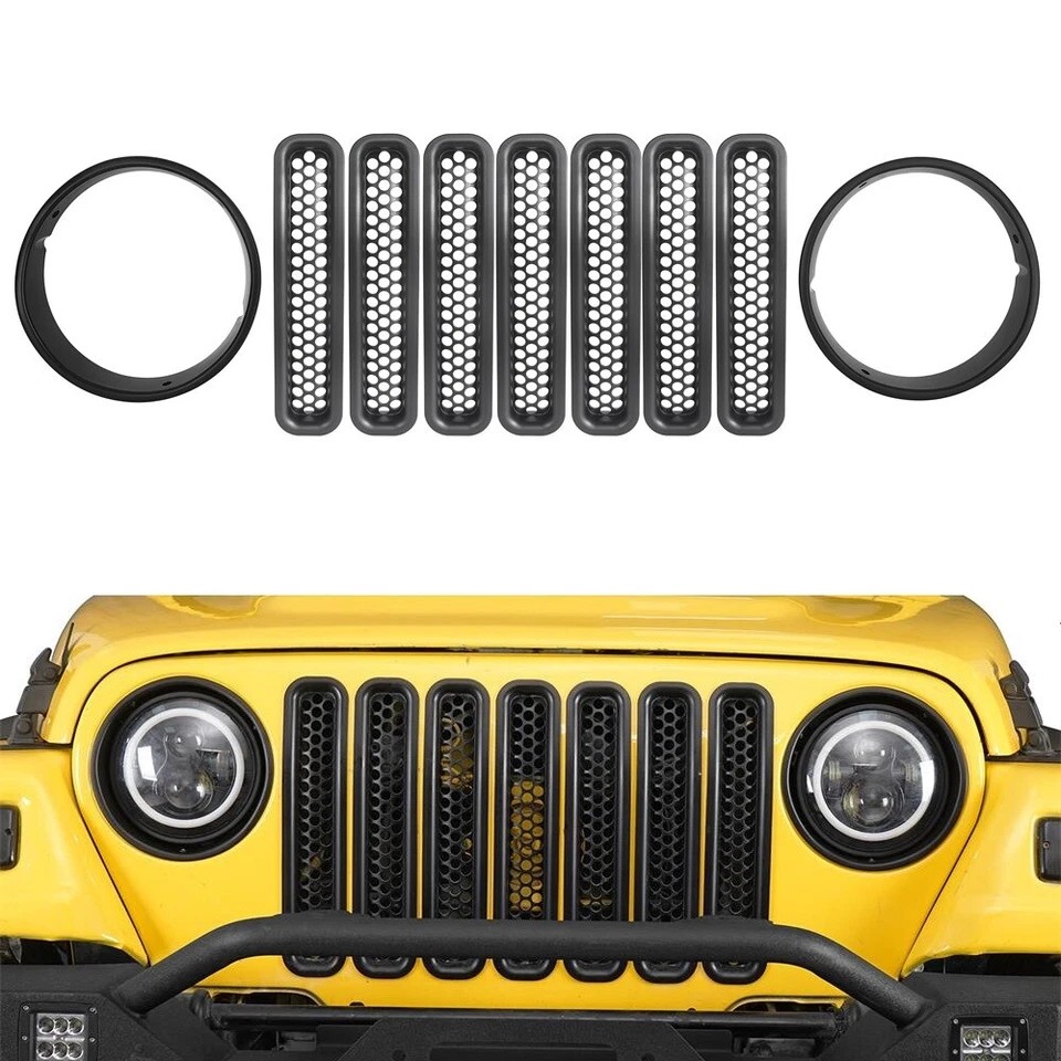 INSERTO DE MALLA PARRILLA MATE APTO PARA JEEP WRANGLER TJ 1997-2006 + BISEL REDONDO FARO Foto 1 de 4