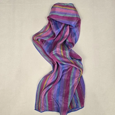 复古 100% 真丝围巾 生动多彩条纹 Liz Claiborne 10" X 51" 长方形 — 第 1/4 张图片