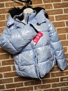 Justice Girls Puffer Jacket Faux Fur Lined With Hood Sz Lg 12/14 Blue - Glitter - Picture 1 of 13