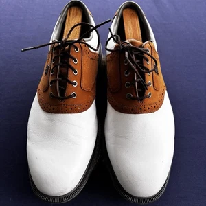 FootJoy DryJoys Tour Golf Shoes Men’s 9.5 Wide White Brown Saddle Style Leather - Picture 1 of 11