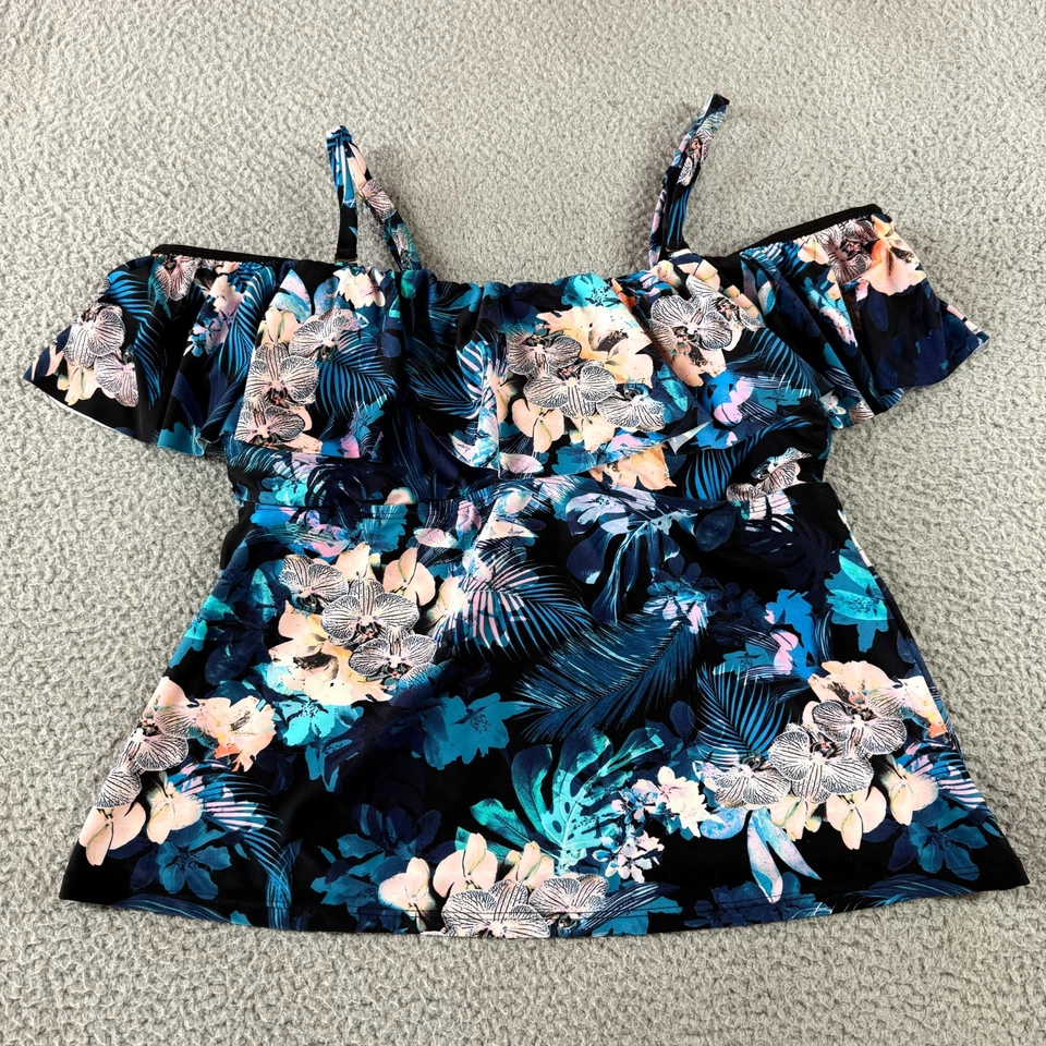 Camiseta Tankini Island Escape Para Mujer Negra La Flor Estampado Floral Con Aros Talla 16W Foto 1 de 4