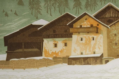 RUDOLF LANZINGER ~ Colfosco Kolfuschg bei Corvara Holzschnitt signiert Südtirol - Bild 1 von 4